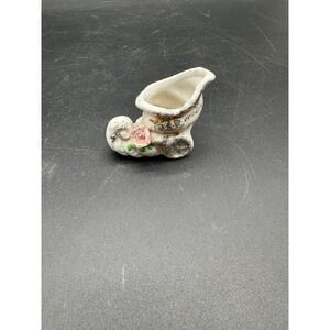 Vintage Japan Ceramic Elf Boot Cornucopia Pink Rose Gold Gilt Planter 2.75in